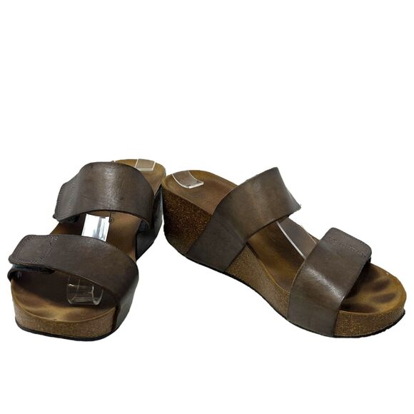 Lolasabbla Eric Michael‎ Slides Womens 8.5/39 Brown Leather Wedge Adjust. Straps - Picture 1 of 7
